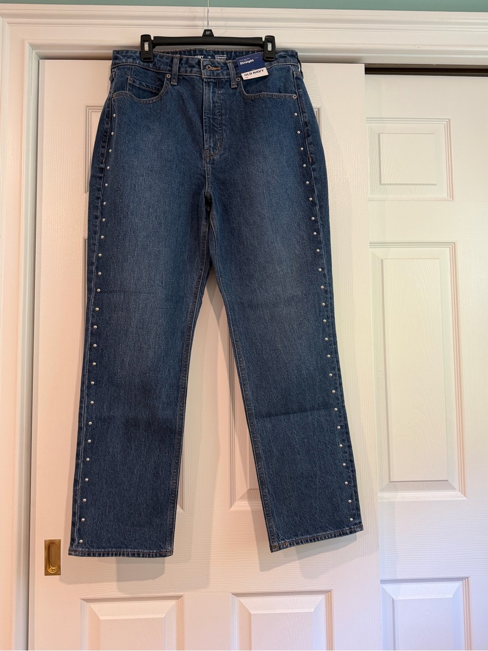 Old Navy women’s Dark Blue Extra High Rise Straight-Leg Jeans with Side Studs